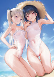 Rule 34 | 2girls, bare shoulders, black hair, blue sky, breasts, day, frills, hat, highleg, highleg swimsuit, highres, ichigo-chan (mignon), kouhai-chan (mignon), long hair, looking at viewer, mignon, multiple girls, ocean, one-piece swimsuit, original, outdoors, parted lips, purple eyes, red eyes, simple background, sky, small breasts, smile, straw hat, swimsuit, thighs, twintails, water, white hair, white swimsuit