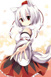Rule 34 | 1girl, animal ears, bare shoulders, detached sleeves, hat, inubashiri momiji, looking at viewer, maturiuta sorato, outstretched hand, red eyes, short hair, silver hair, smile, solo, tail, tokin hat, touhou, wolf ears, wolf tail