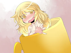 Rule 34 | 1girl, bad id, bad pixiv id, blonde hair, blush, chibi, collarbone, cup, female focus, hammer (sunset beach), in container, in cup, kirisame marisa, long hair, mini person, minigirl, miniskirt, nude, open mouth, skirt, solo, touhou, yellow eyes