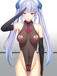 Rule 34 | 1girl, :o, arm up, armpits, bare shoulders, breasts, breasts apart, clothing cutout, cowboy shot, daiaru, detached collar, elbow gloves, female focus, gloves, groin, heart, heart cutout, heart tattoo, heterochromia, highres, indoors, legs, leotard, long hair, looking at viewer, medium breasts, navel, nipple cutout, nippleless clothes, nipples, original, parted lips, pubic tattoo, purple hair, salute, see-through, senhime bad ending after, solo, standing, tattoo, thighs, twintails