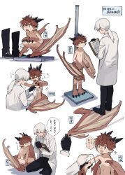 Rule 34 | 2boys, black gloves, boots, child, claws, clipboard, dragon boy, dragon horns, dragon wings, gloves, horns, lab coat, low wings, male focus, measuring, monster boy, mullmull02, multiple boys, nude, open mouth, original, pointy ears, ponytail, red hair, simple background, squatting, standing, white background, white hair, wings