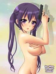 Rule 34 | 1girl, areola slip, breasts, covering privates, covering breasts, gochuumon wa usagi desu ka?, gun, highres, kimuti-g, large breasts, long hair, looking at viewer, navel, nude, open mouth, purple eyes, purple hair, solo, tedeza rize, twintails, weapon