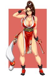 Rule 34 | 1girl, absurdres, arm guards, bare shoulders, black-framed eyewear, breasts, brown eyes, cleavage, closed mouth, collarbone, commentary request, dead or alive, unworn eyewear, fatal fury, folded fan, folding fan, full body, glasses, hand fan, high ponytail, highres, hiroyama (hpzg5374), holding, holding removed eyewear, japanese clothes, large breasts, legs, looking at viewer, ninja, pelvic curtain, ponytail, revealing clothes, rope, shiranui mai, smile, solo, the king of fighters, thighs, wide hips