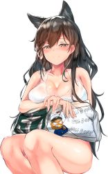 Rule 34 | 1girl, absurdres, animal ears, atago (azur lane), atago (summer march) (azur lane), azur lane, bikini, black hair, blush, breasts, brown eyes, closed mouth, extra ears, hair between eyes, hair ribbon, half-closed eyes, highres, large breasts, long hair, looking at viewer, mole, mole under eye, outdoors, pillow, ribbon, septet (zrca janne), sidelocks, simple background, sitting, smile, solo, swept bangs, swimsuit, thighs, transparent background, white background, white bikini, white ribbon