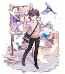Rule 34 | 1boy, artist request, bag, bird, bird request, black hair, black legwear, blue eyes, book, brick floor, charm (object), cherry blossoms, child, drawer, flower, game cg, glasses, highres, ichihime, ichinose sora, jacket, mahjong soul, male focus, official art, plant, potted plant, purple jacket, shelf, simple background, solo, sparkle, standing, sweater, transparent background, yostar