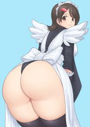 Rule 34 | 1girl, ass, bent over, black eyes, black hair, black thighhighs, blue background, bow, breasts, flipped hair, hair ornament, hairclip, highres, huge ass, iroha (samurai spirits), japanese clothes, looking at viewer, looking back, maid, maid headdress, samurai spirits, shigenobu, short hair, simple background, smile, solo, thick thighs, thighhighs, thighs, wide hips