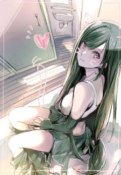 Rule 34 | 1girl, absurdres, animal ears, black skirt, breasts, cat ears, cat tail, crop top, detached sleeves, earrings, final fantasy, final fantasy vii, final fantasy vii remake, from above, green hair, heart, highres, jewelry, large breasts, long hair, looking at viewer, low-tied long hair, red eyes, shoji sakura, sitting, skirt, smile, solo, square enix, tail, tank top, tifa lockhart
