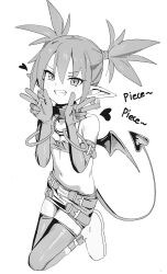 Rule 34 | 1girl, absurdres, bandeau, boots, demon girl, demon tail, demon wings, disgaea, double v, earrings, elbow gloves, etna (disgaea), flat chest, full body, gloves, greyscale, grin, heart, highres, jewelry, jiryu50610218, looking at viewer, makai senki disgaea, medium hair, miniskirt, monochrome, navel, o-ring collar, pointy ears, simple background, sketch, skirt, skull earrings, smile, solo, tail, teeth, thigh boots, twintails, v, wings