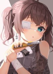 Rule 34 | 1girl, :o, absurdres, ahoge, bandaged arm, bandaged fingers, bandages, bare shoulders, black bow, black ribbon, blue eyes, blush, bow, boxcutter, brown hair, clothing cutout, collared shirt, commentary request, dress shirt, earrings, empty eyes, eyepatch, glint, grey shirt, hair ribbon, hands up, highres, holding, hololive, jewelry, looking at viewer, medical eyepatch, natsuiro matsuri, natsuiro matsuri (casual), parted lips, puffy short sleeves, puffy sleeves, ribbon, shirt, short sleeves, shoulder cutout, solo, starkamisan, twintails, upper body, virtual youtuber