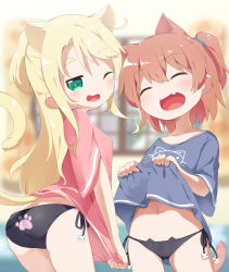Rule 34 | 2girls, :d, ;d, ^ ^, animal ears, ass, black panties, blonde hair, blue shirt, blurry, blurry background, blush, breasts, brown hair, cat ear panties, cat ears, cat girl, cat lingerie, cat tail, closed eyes, clothes lift, commentary request, depth of field, fang, green eyes, hair between eyes, highres, himesaka noa, hoshino hinata, indoors, kemonomimi mode, lifted by self, long hair, makuran, meme attire, multiple girls, navel, no pants, one eye closed, one side up, open mouth, panties, pink shirt, shirt, shirt lift, side-tie panties, small breasts, smile, standing, t-shirt, tail, underwear, very long hair, watashi ni tenshi ga maiorita!
