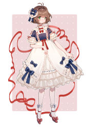 Rule 34 | 1girl, ankle strap, antenna hair, blue bow, blue ribbon, blush, bow, bowtie, brown hair, cardcaptor sakura, detached collar, dress, frilled dress, frilled sleeves, frilled socks, frills, full body, green eyes, hair bow, hair intakes, hair ornament, hair ribbon, heart, heart hair ornament, highres, kinomoto sakura, lolita fashion, looking at viewer, outline, overskirt, pink background, red bow, red bowtie, red footwear, red ribbon, ribbon, ribbon-trimmed collar, ribbon-trimmed dress, ribbon-trimmed legwear, ribbon-trimmed sleeves, ribbon trim, short hair with long locks, short sleeves, smile, socks, solo, standing, white dress, white outline, yuzhi