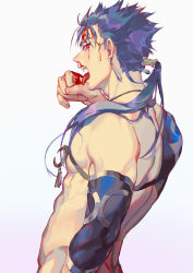 Rule 34 | 1boy, back, beads, blood, blood on face, blue hair, crescent, crescent necklace, cu chulainn (fate), cu chulainn (fate/stay night), cu chulainn (second ascension) (fate), detached sleeves, earrings, fang, fate/grand order, fate (series), from side, hair beads, hair ornament, highres, jewelry, licking, licking hand, long hair, looking at viewer, looking back, male focus, muscular, necklace, official alternate costume, open mouth, ponytail, red eyes, slit pupils, solo, spiked hair, strap, taro-k, tongue, tongue out, topless male, type-moon