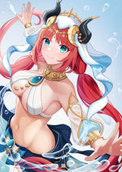 Rule 34 | 1girl, absurdres, adapted costume, alternate costume, arabian clothes, blunt bangs, breasts, circlet, cleavage, commentary request, dancer, dancing, detached sleeves, fake horns, genshin impact, green eyes, harem, highres, horns, jewelry, large breasts, long hair, long sleeves, looking at viewer, low twintails, medium breasts, navel, neck ring, nilou (genshin impact), outstretched arms, red hair, sidelocks, simple background, smile, solo, spread arms, stomach, twintails, veil, water, you yuxi