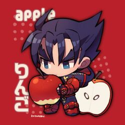 Rule 34 | 1boy, apple, apple slice, black hair, blue eyes, closed mouth, fingerless gloves, food, fruit, full body, gloves, holding, holding food, holding fruit, kazama jin, kotorai, male focus, oversized food, oversized object, red background, red footwear, red gloves, signature, solo, standing, tekken, thick eyebrows, translation request, v-shaped eyebrows