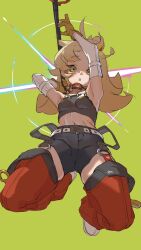 1girl :o absurdres ae_h1ryu armpits arms_up belt black_shirt black_shorts blonde_hair breasts commentary crop_top crotch detached_pants detached_sleeves full_body gloves goggles goggles_around_neck green_background green_eyes highres incoming_attack jumping long_hair looking_at_viewer midair navel open_mouth pants piper_wheel red_pants shirt short_shorts shorts sidelocks small_breasts solo sparkle spiked_shirt thighs white_belt white_footwear white_sleeves yellow_gloves zenless_zone_zero