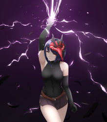 Rule 34 | 1girl, absurdres, arm up, armpits, belt, black feathers, black gloves, blue hair, bodysuit, breasts, brown belt, covered navel, cowboy shot, elbow gloves, electricity, feathers, genshin impact, gloves, gradient background, highres, kujou sara, lightning, looking at viewer, mask, mask on head, medium breasts, miniskirt, parted lips, purple background, sgss247, short hair, skirt, tengu mask, yellow eyes