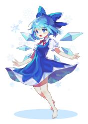 Rule 34 | 1girl, :d, absurdres, aqua hair, bare legs, barefoot, blue bow, blue dress, blue eyes, blue hair, blush, bow, cirno, collared shirt, dress, full body, hair bow, highres, ice, ice wings, neck ribbon, offbeat, open mouth, pinafore dress, puffy short sleeves, puffy sleeves, red ribbon, ribbon, shirt, short hair, short sleeves, sleeveless dress, smile, snowflake background, solo, swept bangs, touhou, white shirt, wings