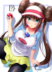 Rule 34 | 1girl, ?, black pantyhose, blue eyes, blush, bow, breasts, brown hair, collarbone, creatures (company), double bun, game freak, hair between eyes, hair bun, highres, holding, holding poke ball, large breasts, long hair, looking at viewer, mokufuu, nintendo, open mouth, pantyhose, pantyhose under shorts, pink bow, poke ball, pokemon, pokemon bw2, raglan sleeves, rosa (pokemon), shorts, signature, simple background, sitting, solo, speech bubble, spoken question mark, twintails, very long hair, visor cap