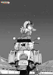 Rule 34 | 1girl, boots, commentary request, copyright notice, fence, from behind, full body, greyscale, helmet, highres, jacket, license plate, logo, long sleeves, looking at viewer, looking back, luggage, monochrome, motor vehicle, motorcycle, motorcycle helmet, mountain, mountainous horizon, night, night one, night sky, road, scarf, shima rin, sky, sleeping bag, solo, star (sky), starry sky, steam, striped clothes, striped scarf, vehicle request, winter clothes, yurucamp