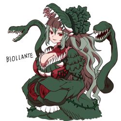 Rule 34 | 1girl, alternate costume, biollante, breasts, character name, cleavage, dress, flower, godzilla (series), godzilla vs. biollante, green dress, green hair, green hat, hat, high ponytail, highres, large breasts, looking at viewer, monster girl, okamura (okamura086), personification, plant, plant girl, red eyes, red flower, red rose, rose, sharp teeth, simple background, smile, solo, teeth, toho, vines, wavy hair, white background