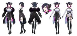 Rule 34 | 1girl, absurdres, aradia ravencroft, asymmetrical legwear, black hair, breasts, character sheet, colored inner hair, demon horns, full body, high heels, highres, hololive, hololive english, horns, large breasts, leotard, mole, multicolored hair, multiple girls, multiple views, pink eyes, shoes, short hair, solo, thigh strap, tongue, tongue out, two-tone hair, virtual youtuber, yomosaka