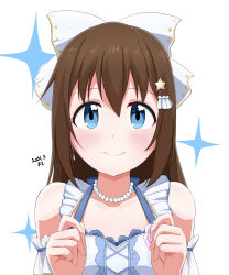 Rule 34 | 1girl, 2021, absurdres, anata no risou no heroine, aqua bow, aqua eyes, arm garter, arm ribbon, artist name, artist request, bare shoulders, blue bow, blue eyes, blush, bow, bracelet, breasts, brown hair, clenched hands, close-up, collarbone, cross-laced clothes, cross-laced dress, dated, dress, dress bow, drop earrings, earrings, female focus, flower, flower bracelet, frilled dress, frills, hair between eyes, hair bow, hair ornament, hairclip, half updo, halter dress, halterneck, highres, jewelry, long hair, looking at viewer, love live!, love live! nijigasaki high school idol club, love live! school idol festival, medium breasts, necklace, osaka shizuku, parted lips, pearl bracelet, pearl hair ornament, pearl necklace, pink flower, pink rose, plaid, plaid dress, pleated, pleated dress, ponytail, purple flower, purple rose, ribbon, rose, short sleeves, skirt, smile, solo, sparkle, star (symbol), star hair ornament, striped, upper body, white background, white bow, white dress, white ribbon, wrist ribbon