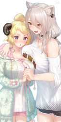 Rule 34 | 2girls, absurdres, animal ear fluff, animal ears, arm around shoulder, asymmetrical docking, black choker, black eyes, black shorts, blonde hair, blue jacket, blush, breast press, breasts, choker, cowboy shot, ear piercing, fangs, flower, grey hair, hair between eyes, hair bun, hair flower, hair ornament, hairclip, highres, holding hands, hololive, hood, hooded jacket, horns, jacket, jewelry, large breasts, lion ears, lion girl, long hair, looking at another, looking down, multiple girls, nanaushi, necklace, off shoulder, official alternate costume, official alternate hairstyle, open clothes, open jacket, open mouth, piercing, pink shorts, purple eyes, sheep ears, sheep girl, sheep horns, shirt, shishiro botan, shishiro botan (casual), short hair, short shorts, short sleeves, shorts, simple background, smile, standing, swept bangs, topknot, tsunomaki watame, tsunomaki watame (loungewear), virtual youtuber, white background, white shirt, wide-eyed, yuri