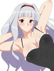 Rule 34 | 1girl, armpits, arms behind head, blush, breasts, cleavage, corset, female focus, highres, idolmaster, idolmaster (classic), kagemusha, large breasts, long hair, purple eyes, shijou takane, silver hair, simple background, smile, solo, white background