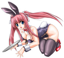 Rule 34 | 1girl, :d, animal ears, blue eyes, blush, breasts, bunny-tail, choker, cleavage, fake animal ears, female focus, full body, high heels, leotard, long hair, medium breasts, open mouth, pink hair, playboy bunny, pumps, rabbit, rabbit ears, rabbit tail, red footwear, shoes, simple background, smile, solo, tail, thighhighs, tomoya kankurou, white background, wrist cuffs