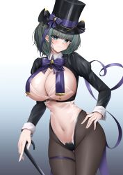 Rule 34 | 1girl, :3, absurdres, aqua eyes, azur lane, black hat, black pantyhose, blush, bow, bowtie, breast curtains, breasts, cane, cheshire (azur lane), cheshire (the cat in the magic hat) (azur lane), closed mouth, cowboy shot, gradient background, green hair, hand on own hip, hat, highres, large breasts, long sleeves, looking at viewer, official alternate costume, pantyhose, purple bow, purple bowtie, see-through, see-through legwear, short hair, sideboob, simple background, smile, solo, thigh strap, thighs, top hat, ueyama 0clock