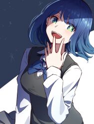 Rule 34 | 1girl, aqua eyes, black sweater vest, blue background, blue bow, blue bowtie, blue hair, blush, bow, bowtie, collared shirt, commentary request, hand up, highres, hyoe (hachiechi), kurokawa akane, long sleeves, medium hair, mismatched pupils, open mouth, oshi no ko, shadow, shirt, smile, solo, sparkle, star-shaped pupils, star (symbol), sweater vest, symbol-shaped pupils, two-tone background, upper body, white background, white shirt