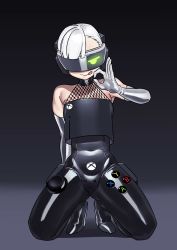 Rule 34 | 1girl, absurdres, bad id, bad twitter id, bare shoulders, black background, choker, closed mouth, commission, covered navel, elbow gloves, fellatio gesture, fishnets, game console, gloves, grey gloves, hand gesture, highres, kneeling, microsoft, nia (nia4294), original, personification, product girl, sexually suggestive, short hair, smile, solo, spread legs, tongue, tongue out, visor, white hair, xbox, xbox series x, xbox series x (personification)