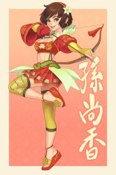 Rule 34 | 1girl, arrow (projectile), asymmetrical gloves, bad id, bad pixiv id, bow (weapon), breasts, brown hair, drawing bow, earrings, fingerless gloves, floral print, full body, gloves, green eyes, holding, holding bow (weapon), holding weapon, hoop earrings, jewelry, looking at viewer, maou alba, midriff, mismatched gloves, navel, necklace, parted lips, red gloves, sandals, sangoku musou 1, shin sangoku musou, short hair, solo, standing, standing on one leg, sun shang xiang, weapon, yellow gloves, yellow legwear