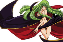 Rule 34 | 1girl, absurdres, c.c., cape, code geass, green hair, highres, naked cape, nude, sakou yukie, simple background, vector trace, white background