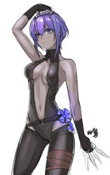 Rule 34 | 1girl, arm above head, bare shoulders, breasts, cleavage, dark skin, dark-skinned female, fate/grand order, fate/prototype, fate/prototype: fragments of blue and silver, fate (series), gloves, hassan of serenity (fate), medium breasts, mhg (hellma), navel, purple hair, short hair, solo, weapon, white background