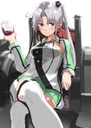 Rule 34 | akitsushima (kancolle), alcohol, armor, blush, breasts, closed mouth, crossed legs, cup, drinking glass, earrings, grey hair, hair ornament, highres, jacket, jewelry, kantai collection, long hair, looking at viewer, medium breasts, miniskirt, no bra, pleated skirt, ponytail, purple eyes, red wine, simple background, sitting, skirt, solo, tama (tamago), thighhighs, throne, turret, twintails, white background, white thighhighs, wine, wine glass, zettai ryouiki