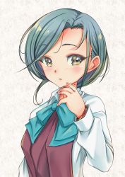 Rule 34 | 1girl, absurdres, aqua bow, aqua bowtie, blue bow, blue bowtie, bow, bowtie, bracelet, commentary request, dress, forehead, grey hair, halterneck, highres, jewelry, kantai collection, looking at viewer, mole, mole on neck, pleated dress, shirt, short hair, simple background, solo, swept bangs, tamanami (kancolle), upper body, white background, white shirt, yashin (yasinz)