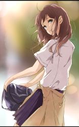Rule 34 | 1girl, absurdres, bag, blue eyes, blue skirt, brown hair, carrying bag, character request, clothes around waist, copyright request, haine, highres, long hair, looking at viewer, looking back, pleated skirt, school bag, school uniform, shirt, short sleeves, skirt, smile, solo, sweater, sweater around waist, white shirt