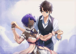 Rule 34 | 1boy, 1girl, absurdres, bare shoulders, black hair, black pants, black vest, blouse, blue eyes, blush, breasts, cleavage, commentary request, dancing, dark skin, detached sleeves, dress, fate/grand order, fate/grand order waltz in the moonlight/lostroom, fate (series), fujimaru ritsuka (male), hassan of serenity (fate), hassan of serenity (lostroom outfit) (fate), highres, large breasts, open mouth, pants, pink dress, purple eyes, purple hair, shiro font, shirt, short hair, smile, solo, twitter username, vest, white shirt