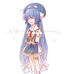 Rule 34 | 1girl, blue hair, braid, closed eyes, dress, eel hat, fang, hat, long hair, low-braided long hair, low-tied long hair, low twintails, mi no take, neckerchief, open mouth, otamatone, otomachi una, otomachi una (sugar), sailor collar, short sleeves, solo, twintails, very long hair, vocaloid