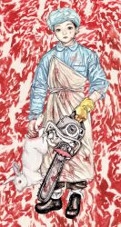 Rule 34 | ambiguous gender, androgynous, animal, apron, babyloncafe, black hair, blood, blood on clothes, blood on face, boots, rabbit, chainsaw, collared shirt, expressionless, gender request, gloves, grey eyes, hair net, hat, highres, holding, holding animal, holding weapon, looking at viewer, original, pants, shirt, single glove, weapon