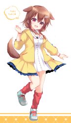 Rule 34 | 1girl, :d, animal collar, animal ears, arm at side, blush, bone hair ornament, bracelet, braid, brown eyes, brown hair, collar, dog ears, dog girl, dog tail, dress, extra ears, fang, hair between eyes, hair ornament, hairclip, highres, hololive, inugami korone, inugami korone (1st costume), jacket, jewelry, kashiwadokoro, long hair, looking at viewer, loose socks, low twin braids, low twintails, off shoulder, open clothes, open jacket, open mouth, red collar, red socks, shoes, short dress, smile, sneakers, socks, solo, tail, twin braids, twintails, virtual youtuber, white dress, yellow jacket