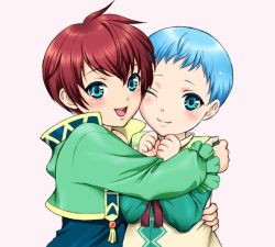 Rule 34 | 2boys, aged down, asbel lhant, blue eyes, blue hair, blush, brothers, child, coat, green shirt, hubert ozwell, hug, male focus, multiple boys, one eye closed, red hair, shirt, siblings, simple background, smile, tales of (series), tales of graces, usagi nagomu, white background, wink