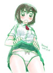Rule 34 | 1girl, ayase fuuka, blush, brown eyes, brown hair, clothes lift, collared shirt, commentary request, cowboy shot, eyebrows, graphite (medium), green skirt, lifted by self, looking at viewer, looking down, necktie, open mouth, panties, pantyshot, peacock (p-location), pleated skirt, red necktie, school uniform, shirt, short hair, signature, sketch, skirt, skirt lift, solo, standing, thick eyebrows, traditional media, underwear, white panties, white shirt, yotsubato!