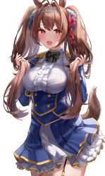 Rule 34 | 1girl, :d, absurdres, aiguillette, animal ears, antenna hair, black bow, black bowtie, blue coat, blue skirt, blush, bow, bowtie, breasts, brown hair, coat, collared shirt, commentary, cowboy shot, daiwa scarlet (umamusume), epaulettes, fang, frilled shirt, frilled skirt, frills, garter straps, hair bow, highres, holding, holding hair, horse ears, horse girl, horse tail, large breasts, layered skirt, long hair, looking at viewer, open mouth, pleated skirt, red bow, red eyes, shiranui (nisioisin sinob), shirt, simple background, skin fang, skirt, smile, solo, tail, tiara, twintails, umamusume, white background, white shirt, white skirt, wing collar