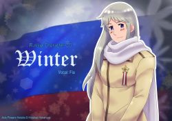 Rule 34 | 1girl, artist name, axis powers hetalia, blush stickers, copyright name, flag background, gender request, genderswap, jacket, light smile, long hair, looking at viewer, medal, military jacket, official style, oradd, oru00e4dd, purple eyes, russia (hetalia), scarf, silver hair, solo, upper body