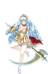 Rule 34 | 1girl, blue hair, breasts, character request, choker, cleavage, crown, dress, drill hair, earrings, full body, garter straps, high heels, holding, large breasts, legs, long hair, looking at viewer, orange eyes, puffy sleeves, sennen sensou aigis, sickle, sitting, smile, solo, thighhighs, thighs, transparent background, weapon, white background