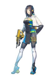 Rule 34 | 1girl, absurdres, black gloves, black hair, boots, breasts, capelet, cleavage, full body, gloves, green eyes, gun, hand on own hip, headset, high heel boots, high heels, highres, holding, holding gun, holding weapon, long hair, looking at viewer, original, science fiction, simple background, solo, sonech, standing, weapon, white background, white legwear