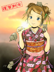Rule 34 | 00s, 1girl, 2008, blue eyes, brown hair, japanese clothes, kimono, mouse (animal), new year, outdoors, sky, solo
