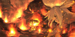 Rule 34 | 2girls, boots, breasts, cape, earrings, fire, fur trim, jewelry, knee boots, large breasts, long sleeves, looking at another, morii shizuki, multiple girls, outstretched arms, ragnarok online, short hair, side ponytail, spread arms, standing, twintails, volcano, white hair, wings